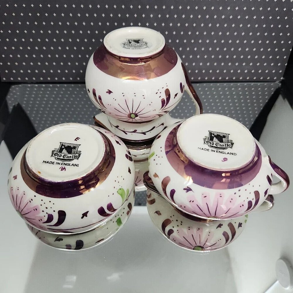 OLS1 by Old Castle Lusterware Creamer and Sugar Set, Purple and Pink, England - Picture 11 of 12